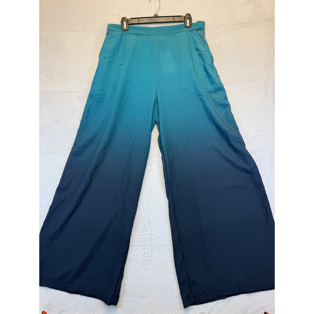 Desigual Womens XL Ombre Wide Leg Pants Teal Navy Blue Gradient High Rise NEW